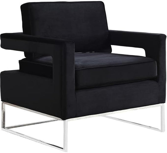 Meridian Furniture Noah Collection Modern | Contemporary Velvet Upholstered Accent Chair with Durable Stainless Steel Base, Black, Chrome Base