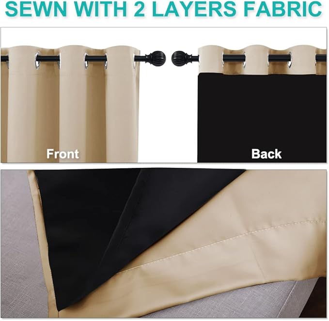NICETOWN Thermal Insulated 100% Blackout Curtain, Noise Reducing Performance Drape with Black Lining, Full Light Blocking Drapery Panel for Patio (Biscotti Beige, 1 PC, 52 inches x 95 inches)