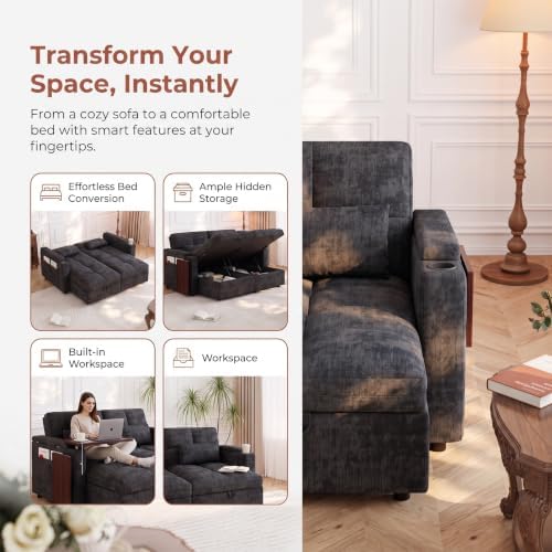 Convertible Sectional Sofa Bed with Storage, Tray & USB Port, Black