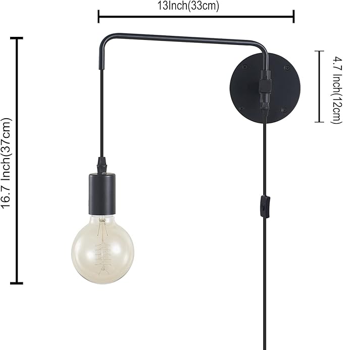 Wall Lamp with Plug in Cord, Swing Arm Wall Sconces with On Off Switch in Cord, Metal Black Vintage Industrial Wall Mounted Light Fixture for Living Room Bedside Bedroom (1 Pack)