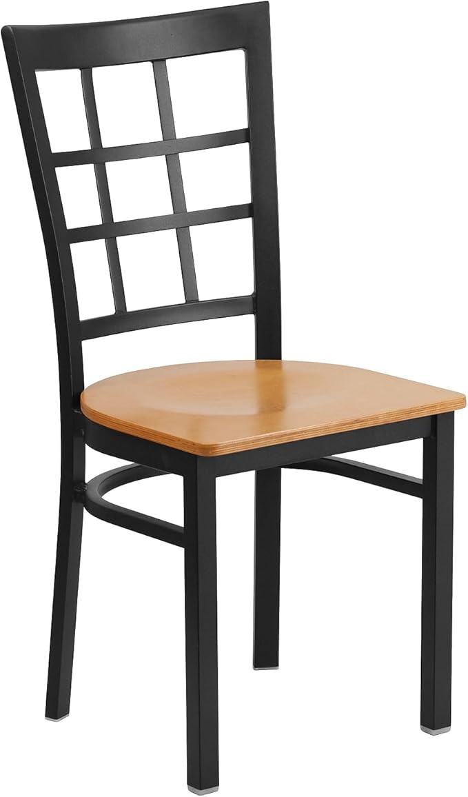 Flash Furniture HERCULES Series Black Window Back Metal Restaurant Chair - Natural Wood Seat