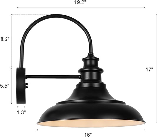 Outdoor Barn Light Fixture, 16 Inch Large Dome Farmhouse Exterior Wall Mount Light, Rustic Wall Sconce Indoor Wall Lighting Fixture, Industrial Black White Lantern for Porch, 1 Pack