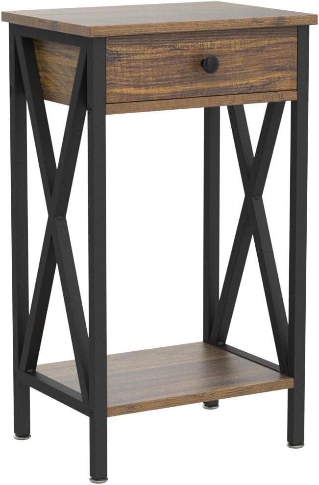 VECELO Tall Nightstand End Side Tables,27.6 Inch Night Stands with X-Side Frame and Drawer for Living Room Bedroom,Small Spaces, Brown (Set of 2)