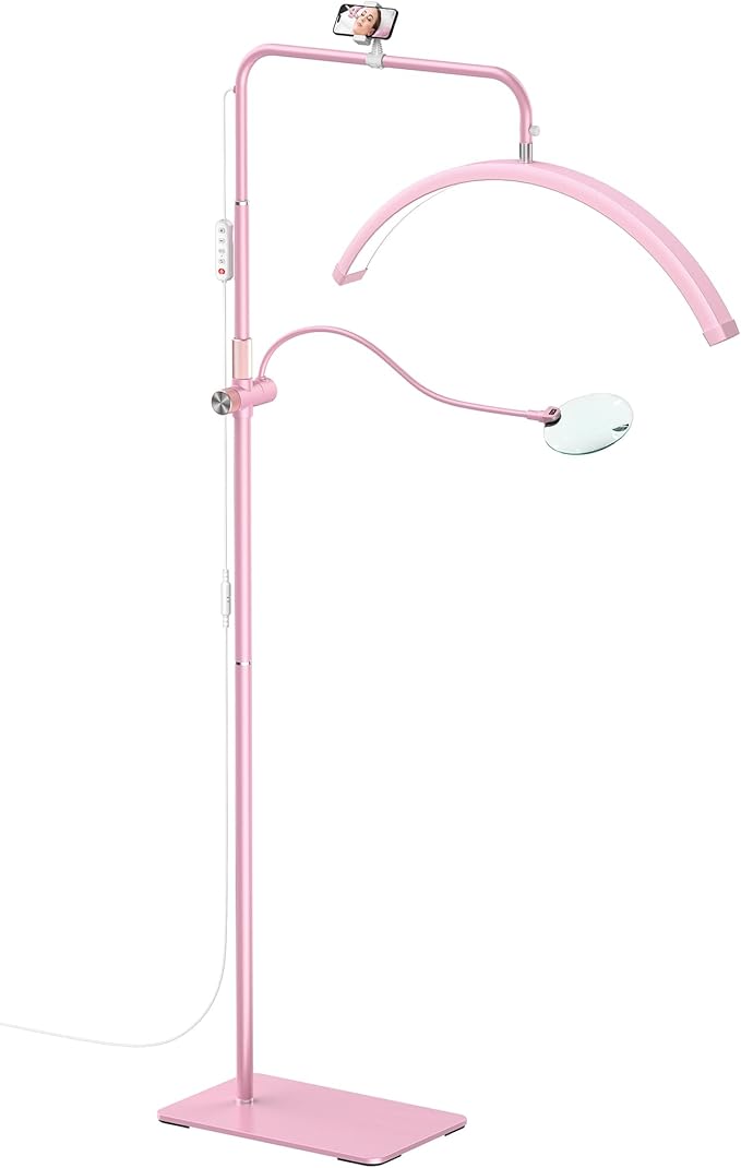 AURELLE Half Moon Lash Light - Adjustable LED Floor Lash Lamp with 4X Magnifier & Phone Holder for Eyelash Extensions,Nail Art,Tattoo,Skincare,Salon SPA-Dimmable Brightness,Rotating Head, Pink