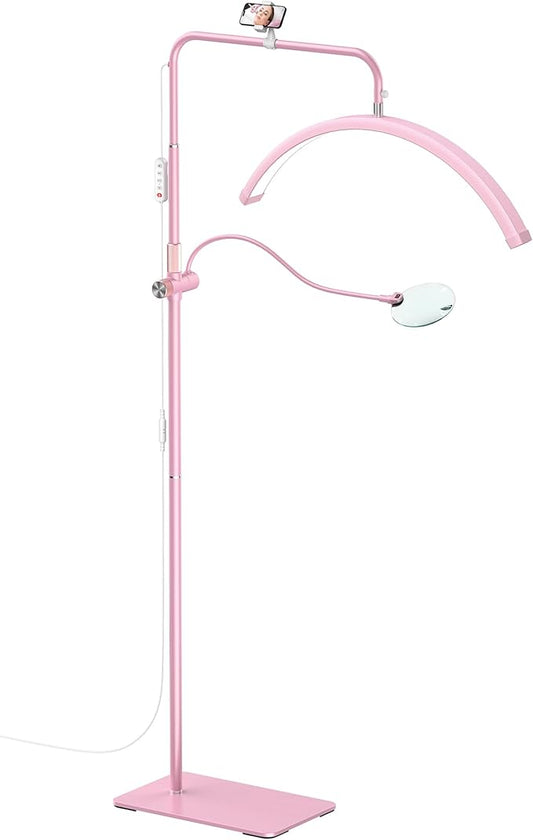 AURELLE Half Moon Lash Light - Adjustable LED Floor Lash Lamp with 4X Magnifier & Phone Holder for Eyelash Extensions,Nail Art,Tattoo,Skincare,Salon SPA-Dimmable Brightness,Rotating Head, Pink