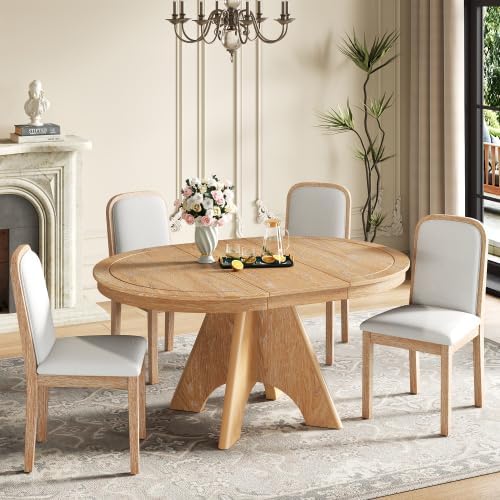 Bellemave 5-Piece Extendable Round Dining Table Set with 4 Upholstered Chairs, 42"-58" Round Kitchen Table Set for 4-6 with Removable Leaf and Crossed Legs for Kitchen, Dining Room (Natural Wood Wash)