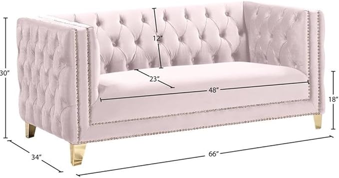 Meridian Furniture 652Pink-L Michelle Collection Modern | Contemporary Loveseat with Deep Button Tufting, Gold Nailhead Trim and Sturdy Gold Iron Legs, Pink Velvet, 66" W x 34" D x 30" H