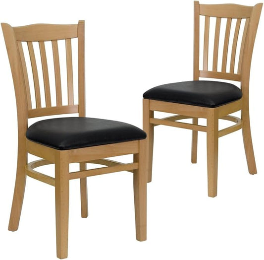 Flash Furniture 2 Pk. HERCULES Series Vertical Slat Back Natural Wood Restaurant Chair - Black Vinyl Seat