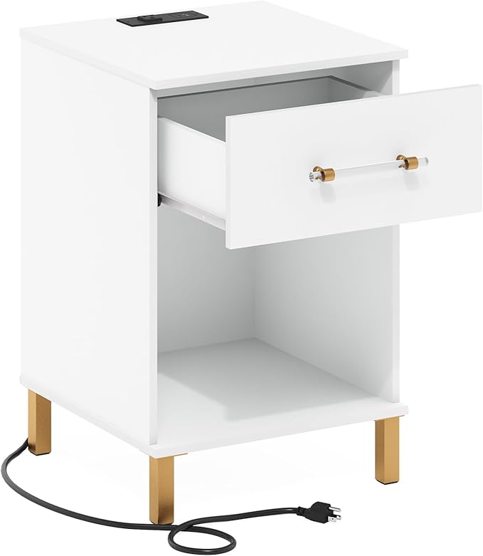 Furinno TIDUR Side Table, Modern Drawer End Table with Charging Station, Night Stand, Bedside Table with USB and Type-C Charging Port, for Living Room, Bedroom, White