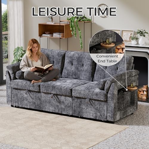 Convertible Sleeper Sofa Bed, 63 Inch Chenille Pull Out Couch with Side Table & Adjustable Backrest, Sectional Sleeper Sofa with Pull Out Bed for Living Room, Apartment, Gray