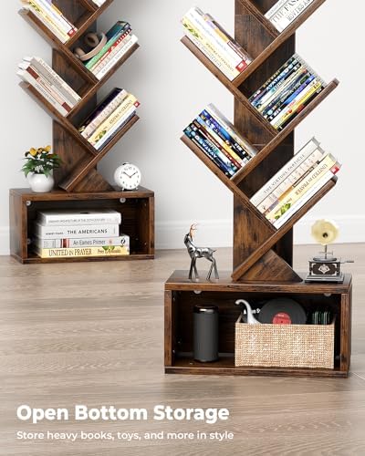 Evermagin 6 Tier Tree Bookshelf with Light, Bookcase, Rustic Brown