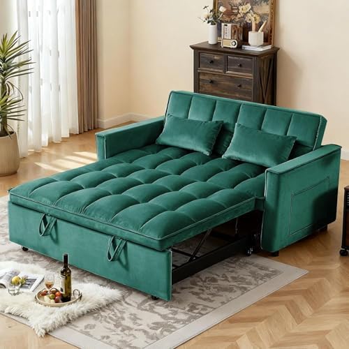 3 in 1 Convertible Sofa Bed, Velvet Fabric Loveseat Sleeper Sofa with Side Pockets, Pull Out Couch with Adjustable Backrest for Small Spaces, Living Room, Bedroom, Apartment, Green