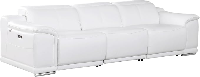 BlackJack Furniture Venice Top Grain Italian Leather Recliner 7 Seater 5 Power Reclining 3 Piece Sofa Set with Adjustable Headrests Modern Seating Sofa, Loveseat and Chair for Living Room , White