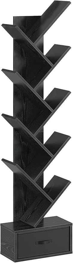 Rolanstar Bookshelf with Drawer,9 Shelf Tree Bookshelf,Retro Bookcase,Wooden Storage Rack for CDs/Movies/Books, Utility Organizer Shelves for Bedroom, Living Room, Home Office