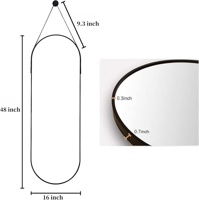 16"x48" Oval Full Length Mirror with Leather Strap Hanging Mirror with Aluminum Frame, Oval Wall-Mounted Mirrors for Living Room Bedroom Entryway Décor, Black