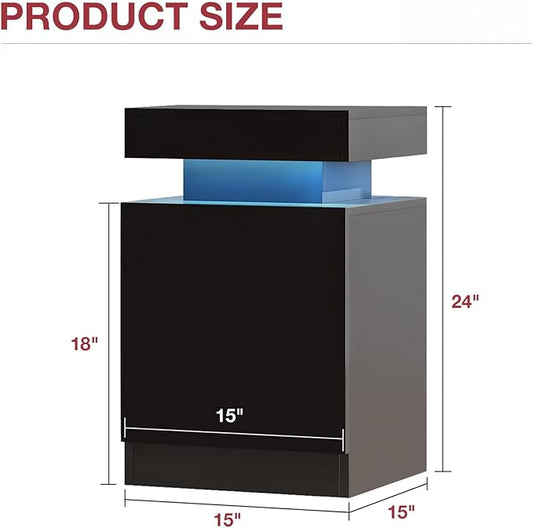 Nightstands Set 2, 15 Inches LED Night Stand Set of 2, Modern Bedside Table with LED Lights, High Gloss Surface, End Table with Storage for Bedroom, Black