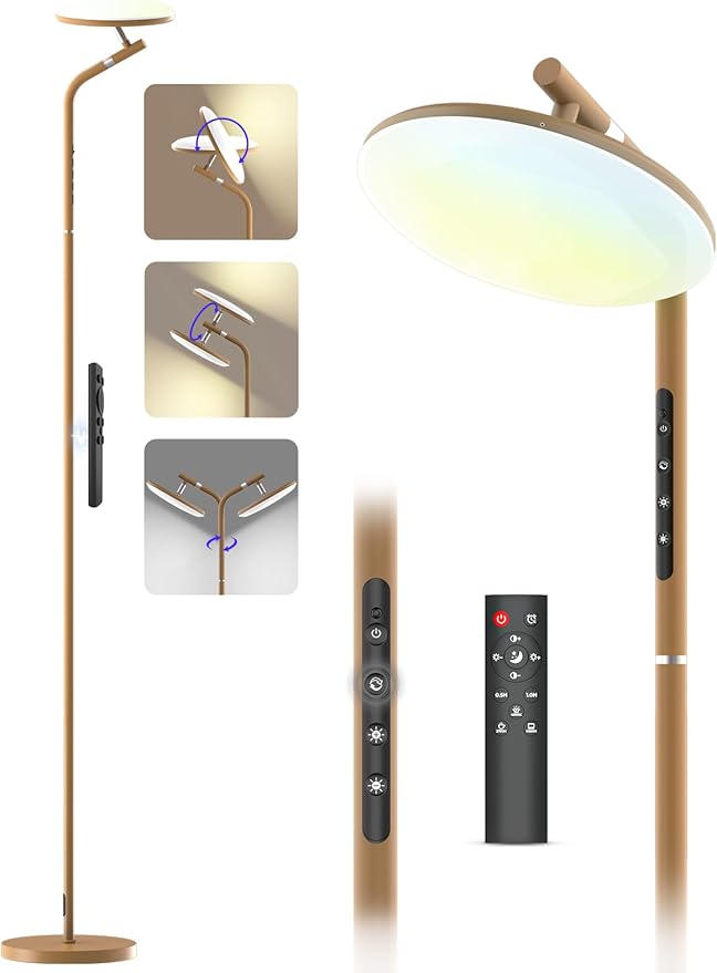 LED Floor Lamp, 32W Super Bright Standing Lamp with Remote Control, Modern Dimmable 69" Torchiere Tall Lamp, 350°Rotating Head Reading Floor Lamp for Living Room, Bedroom, Office, Brown