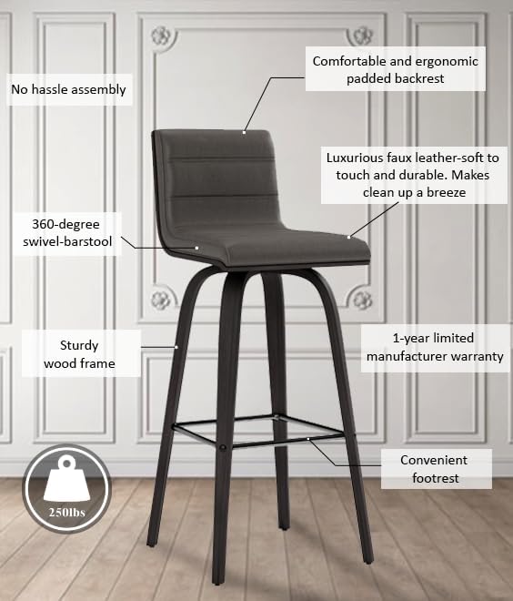 Vienna 30" Swivel Bar Stool in Black Wood Finish with Gray Faux Leather - Set of 2