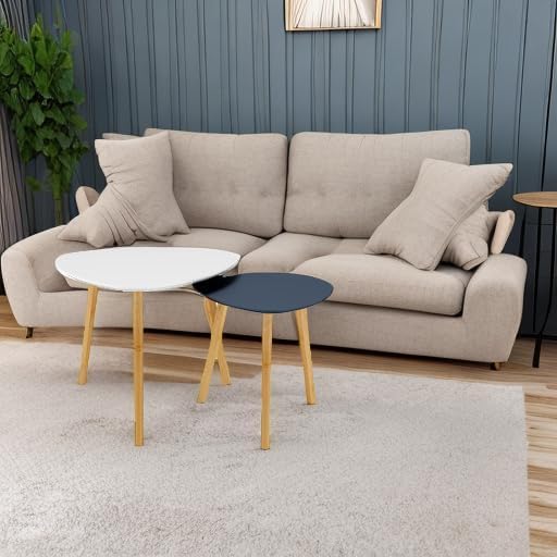 BAMEOS Bamboo Nesting Triangle End Table,Set of 2 SideTable Modern Minimalist Coffee Table for Living Room, Balcony in White & Grey
