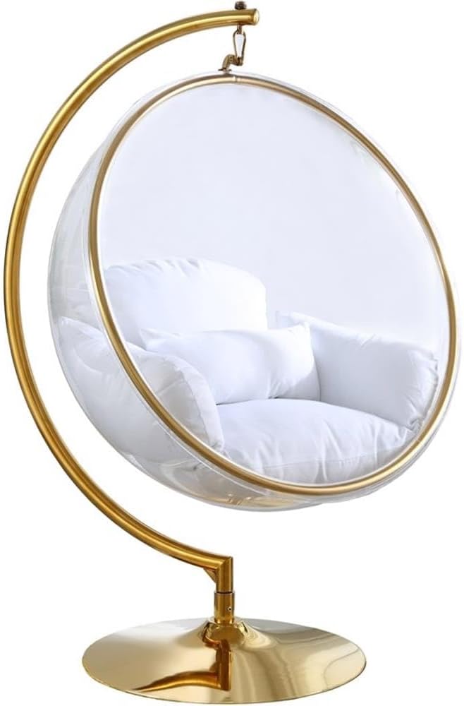 Meridian Furniture Luna Collection Modern | Contemporary Clear Acrylic Accent Swing Chair with Gold Metal Base and Durable Fabric Seat, 41.5" W x 29.5" D x 64" H, White