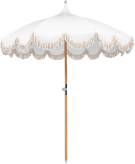 6.5ft Pagoda Beach Umbrella with Fringe, UPF 50+ Boho Umbrellas with Carry Bag, Premium Wood Pole Foldable Tassel Umbrella for Outdoor Garden Lawn Pool Yard Table