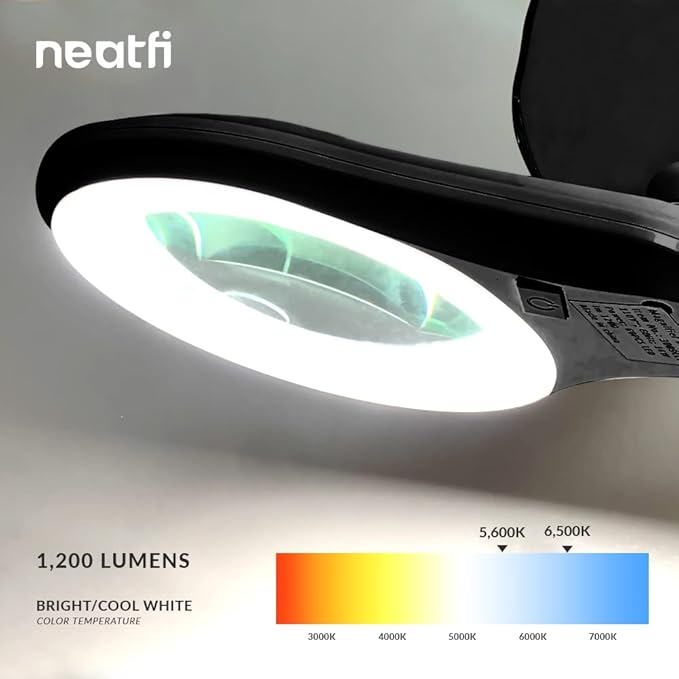 Neatfi LED Magnifying Floor Lamp 1,200 Lumens – 5” Bifocal Glass Lens, Dual Magnification 2.25X + 6X, Dimmable Task Light | Adjustable Arm, Rolling Base | Reading, Crafting & Sewing (Black, 5 Inches)