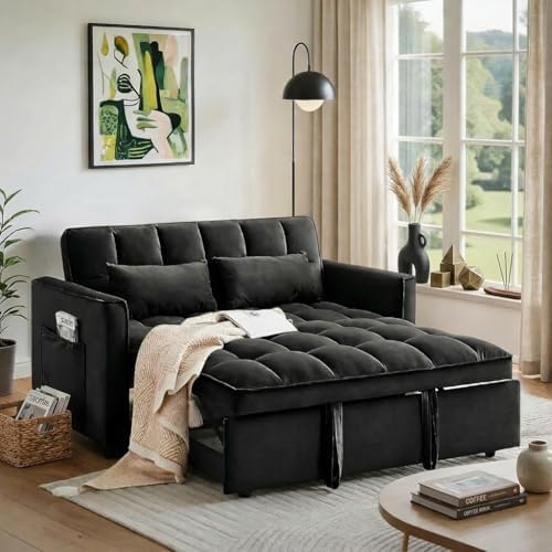 54" Convertible Pull Out Sofa Bed with Adjustable Backrest, Black