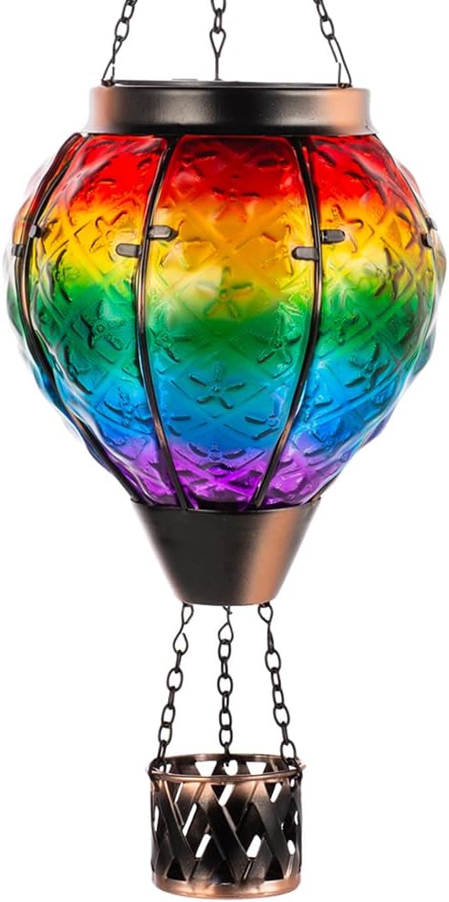DREAMSOUL Rainbow Hot Air Balloon Solar Lantern, Metal & Glass Solar Lantern with Flickering Flame, Hanging Solar Lanterns Outdoor Waterproof for Lawn, Patio, Tree Decor