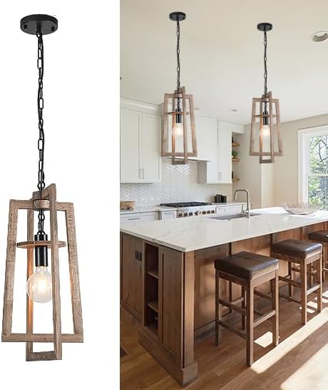 12.3'' Dining Room Light Fixtures Wood Pendant Light Adjustable Farmhouse Chandelier Semi Flush Mount Ceiling Light for Kitchen Island Dining Room Entryway Living Room Entrance Hall
