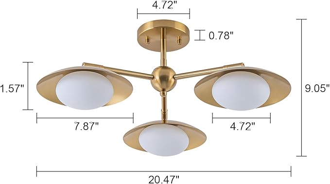 3-Light Flying Saucer Semi-Flush Mount Ceiling Light, Mid-Century Milk White Glass Globes Chandelier for Dining Room Living Room, 20.5" Wide, Brushed Brass Gold