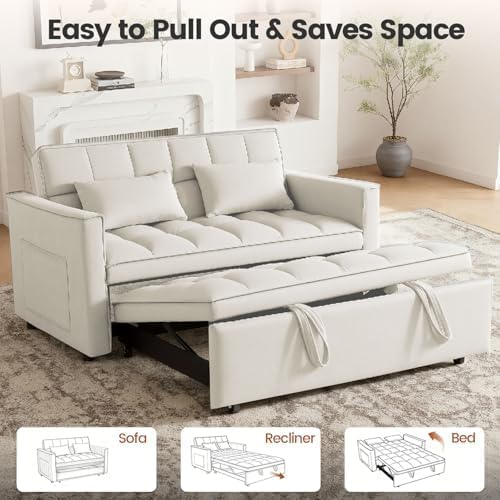 54" Convertible Pull Out Sofa Bed with Adjustable Backrest, White