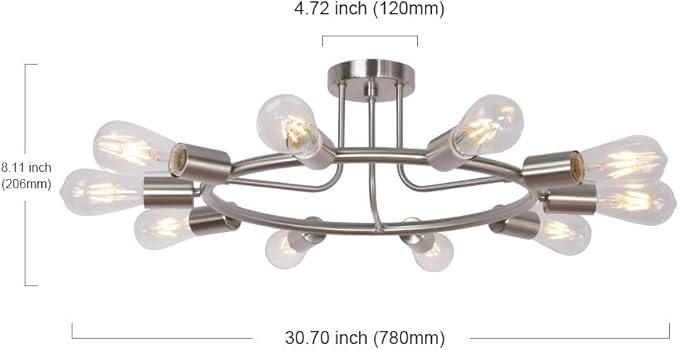 BONLICHT Round Rustic Chandelier 10-Light Brushed Nickel Modern Semi Flush Mount Ceiling Light Industrial Vintage Sputnik Chandelier Light Fixture for Living Room Dining Room Bed Room Kitchen Hallway