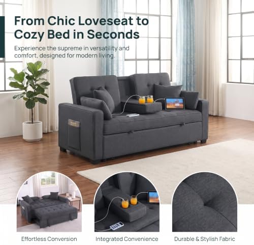 70" Queen Pull Out Sleeper Sofa with USB Port & Cup Holder, Gray
