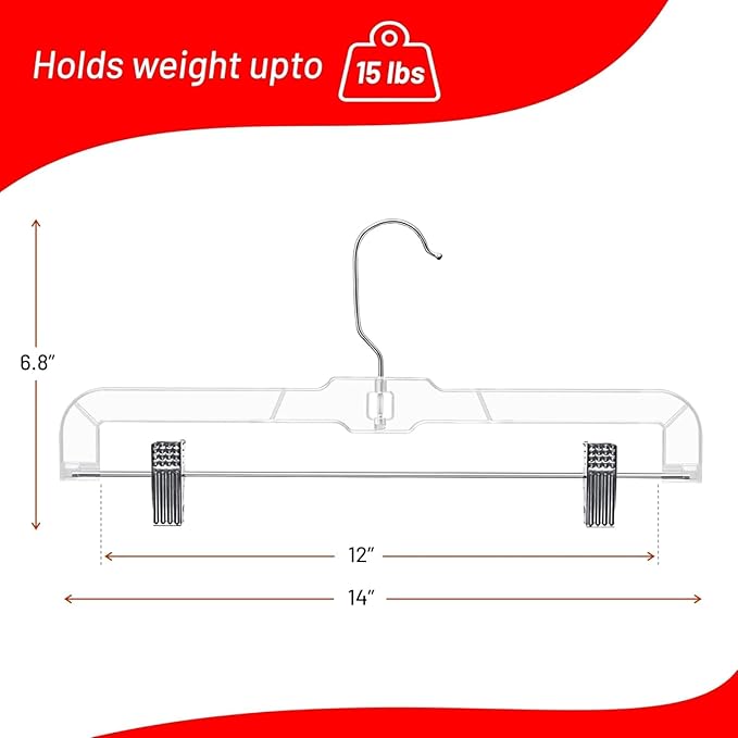 DEILSY™ Skirt Hangers 100 Pack Pants Hangers Shorts Clear Plastic Clothes with Adjustable Clip Non-Slip Clothes Clip Perfect for Pant, Pack of 100