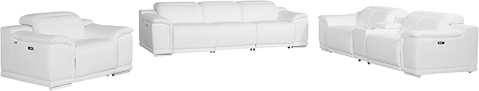 BlackJack Furniture Venice Top Grain Italian Leather Recliner 7 Seater 6 Power Reclining 3 Piece Sofa Set with Adjustable Headrests Modern Seating Sofa, Loveseat and Chair for Living Room , White