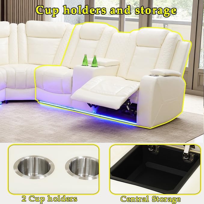 A Ainehome Living Room Furniture Reclining Sectional Sofa Set, Power Recliner Adjustable Sofa, Loveseat and Chair with USB Chargers/Storage Console for Living Room/Office/Home Theather(B-Off-White)