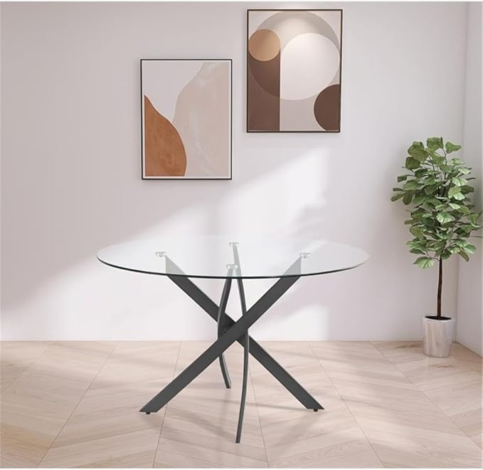 Meridian Furniture 986-T Xander Collection Modern | Contemporary Dining Table with Matte Black Metal Base, 48" Round Tempered Glass Top, 10MM Glass Thickness, 48" W x 48" D x 30" H, Black
