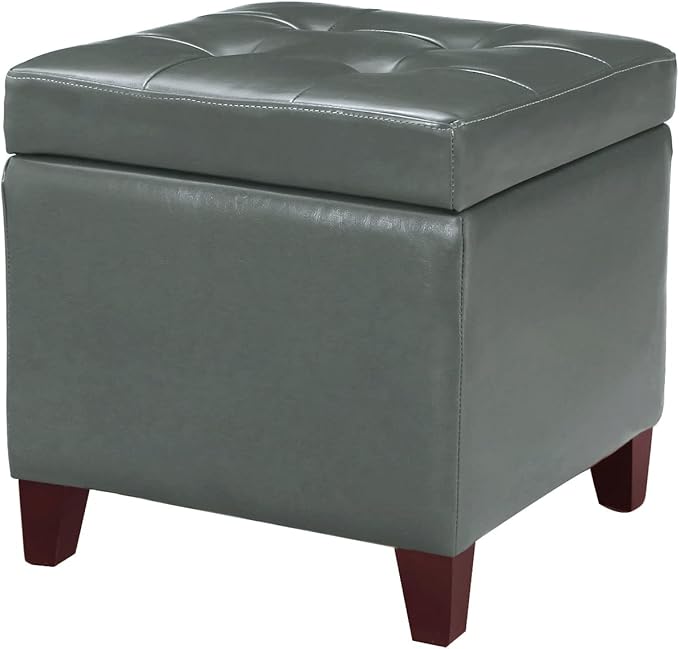 Adeco 18" Square Storage Ottoman with Hinged Lid, Waterproof Faux Leather Tufted Footstool, Sturdy Cube Seat for Living Room, Bedroom & Entryway, Supports 250lbs, Cement Grey