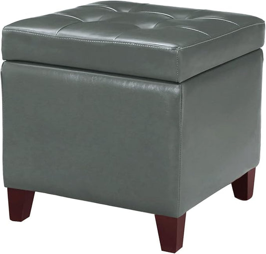 Adeco 18" Square Storage Ottoman with Hinged Lid, Waterproof Faux Leather Tufted Footstool, Sturdy Cube Seat for Living Room, Bedroom & Entryway, Supports 250lbs, Cement Grey