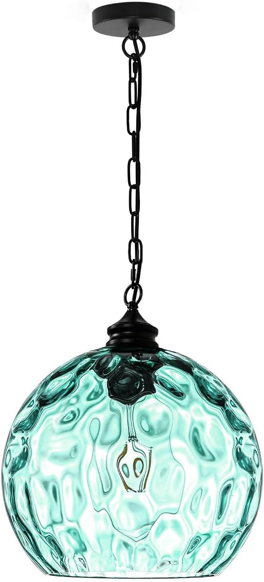 Large Glass Pendant Light for Kitchen Island, Vintage Pendant lamp with Green Glass Shade 1-Light Black Pendant Light Globe Hanging Pendant Lighting for Farmhouse Dining Room Bedroom