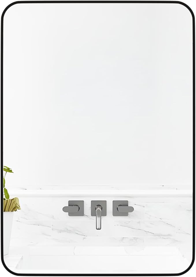 Manocorro Bathroom Mirror for Wall, 20 x 28 Inch Black Rectangular Mirror with Aluminum Alloy Frame, Rounded Corner Hanging Mirror Decor for Entryway, Bedroom, Living Room