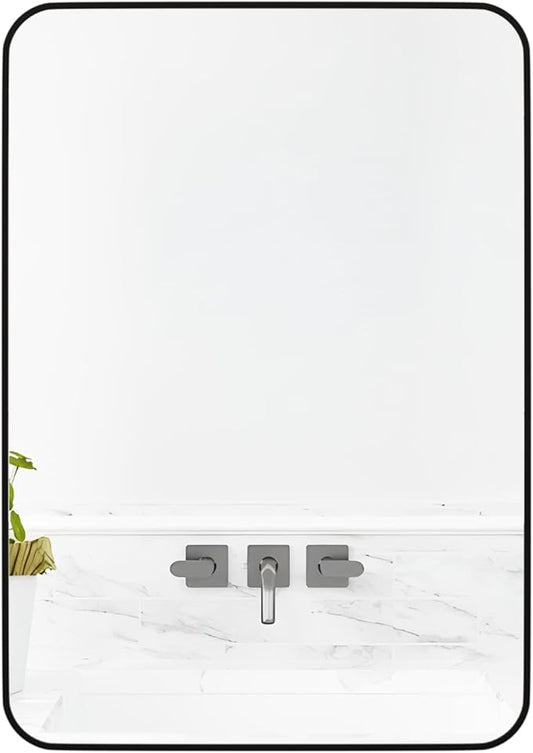 Manocorro Bathroom Mirror for Wall, 20 x 28 Inch Black Rectangular Mirror with Aluminum Alloy Frame, Rounded Corner Hanging Mirror Decor for Entryway, Bedroom, Living Room