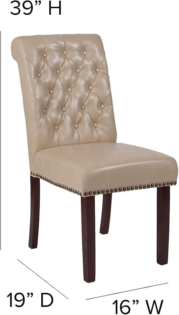Flash Furniture HERCULES Series Beige LeatherSoft Parsons Chair with Rolled Back, Accent Nail Trim and Walnut Finish
