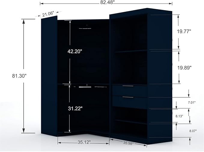 Manhattan Comfort Mulberry 2.0 Corner Wardrobe Closet with Drawers, Hanging Rods and Adjustable Shelves, 2-Piece Free Standing, Open Sectional Design for Bedrooms & Dressing Rooms, Midnight Blue