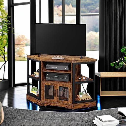 YITAHOME Corner TV Stand for TVs up to 50 Inch with Power Outlet, Modern Farmhouse Entertainment Center, Wood TV Media Console with Storage Cabinets Shelves for Living Room, Retro Brown