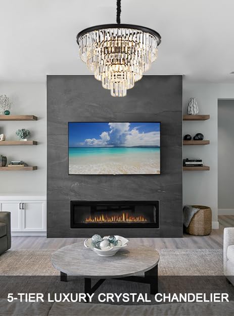 23.23" Black Crystal Chandelier 12-Light Modern Crystal Pendant Ceiling Light Fixture 5-Tier Luxury K9 Crystal Chandeliers,for Dining Room Kitchen Island Living Room Bedroom