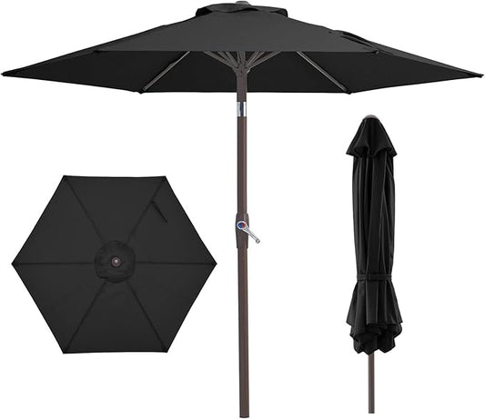 JEAREY 7.5FT Patio Umbrella Market Table Umbrella with 6 Sturdy Ribs, Push Button Tilt/Crank Outdoor Umbrella for Garden, Deck, Backyard,Dark Black