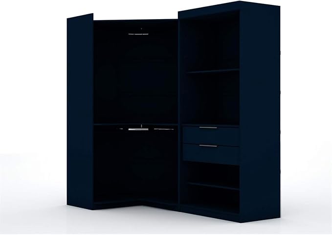 Manhattan Comfort Mulberry 2.0 Corner Wardrobe Closet with Drawers, Hanging Rods and Adjustable Shelves, 2-Piece Free Standing, Open Sectional Design for Bedrooms & Dressing Rooms, Midnight Blue