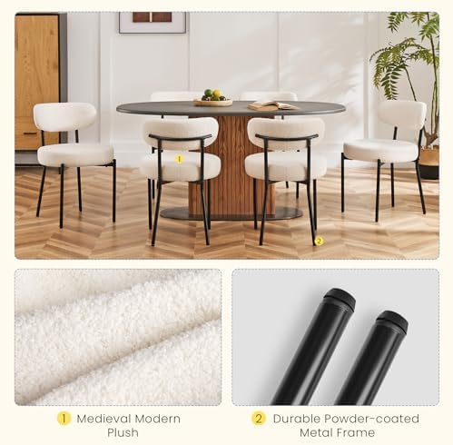 DUMOS Dining Chairs Set of 6, Mid Century Modern Chair Round Upholstered Curved Backrest, Kitchen Vanity Living Room Chairs with Black Metal Legs，Classic Beige