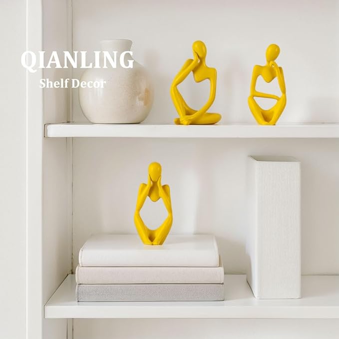 Yellow Thinker Statue Decor for TV Stand, Shelf, Desk, or Coffee Table - Set of 3 Resin Figurines for Living Room Decorative Objects, Modern Sculpture, Minimalist Bookcase Decor, Home Accents